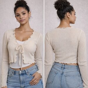 Papermoon Cream Crinkle Knit Tie Front Cropped Cardigan Lettuce Trim Size L